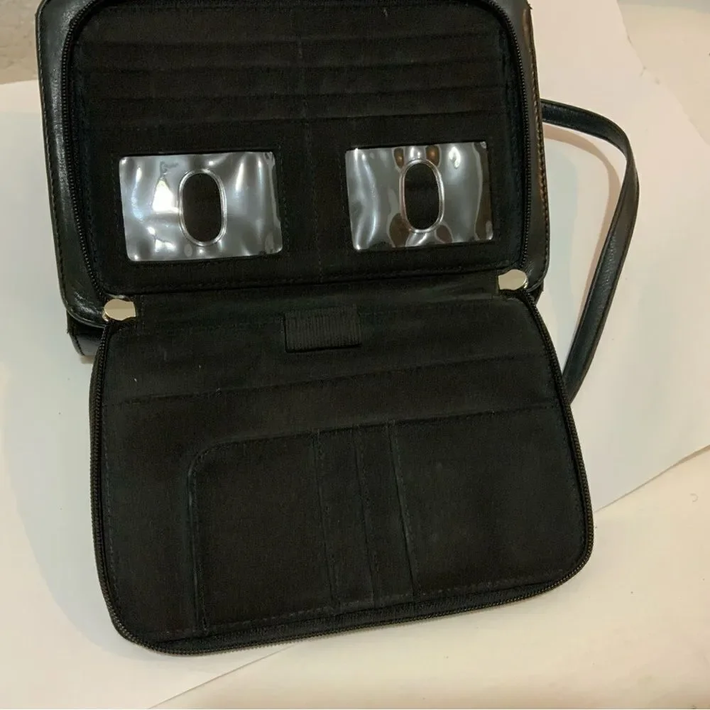FOSSIL Black Leather CROSSBODY Kiss Lock Snap  Zip ORGANIZER HANDBAG 8x6x2 in